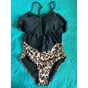 NWT Holipick Women's Size Large Swimsuit 2-Piece Black Animal Print High Waist